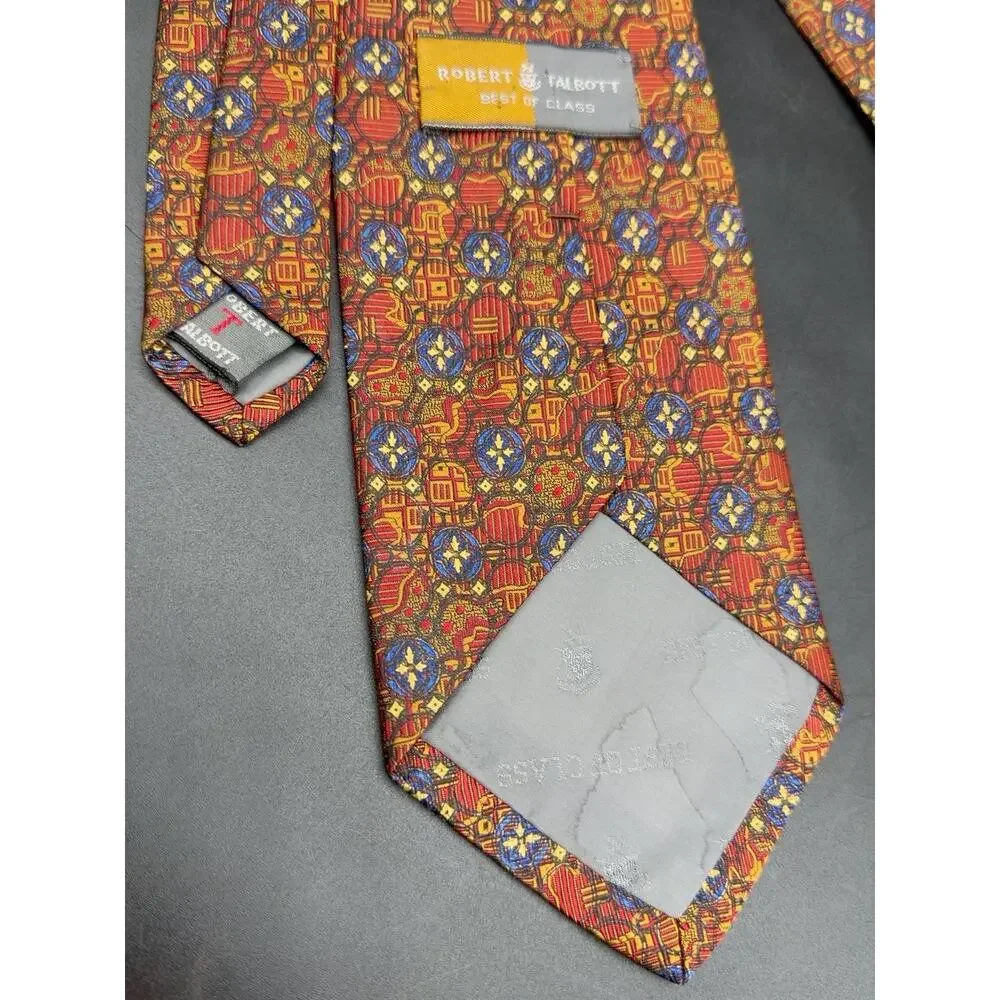Robert Talbott Best of Class Silk Tie Red Gold Blue Geometric 59in USA Made